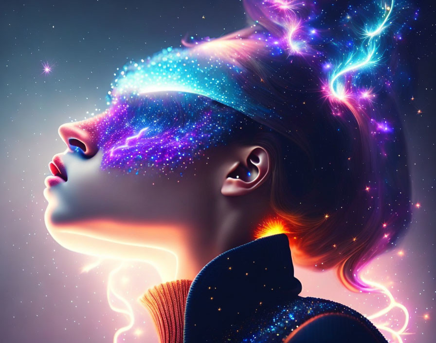 Woman's Profile with Cosmic Effects: Starry Night Sky Simulation