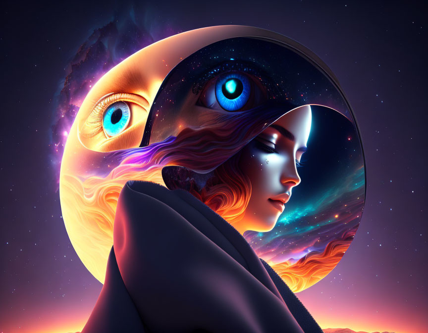 Digital artwork: Woman with cosmic and fiery elements in yin-yang against starry sky