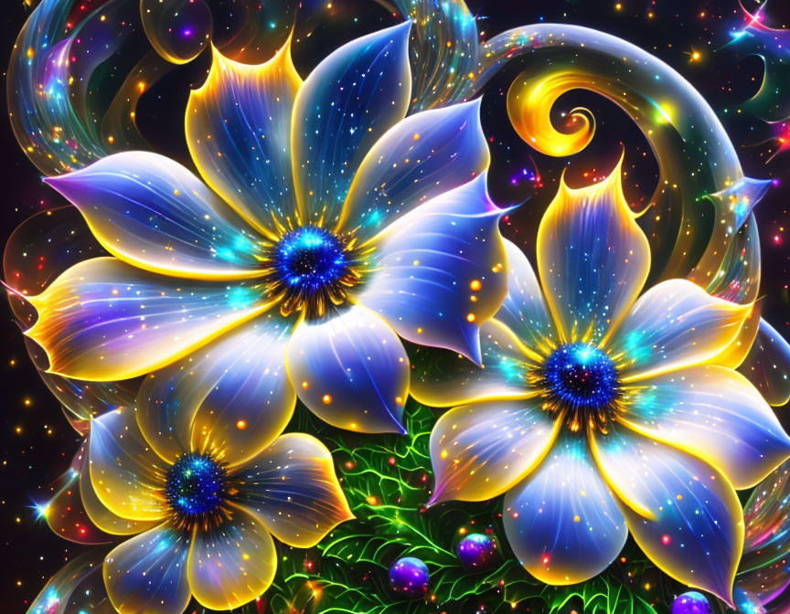 Luminous neon-colored flowers on cosmic backdrop