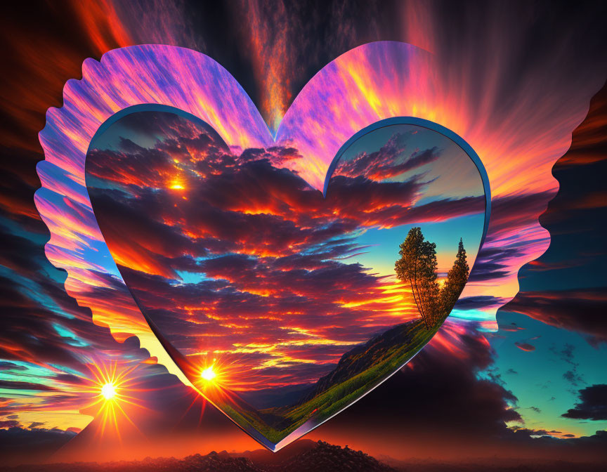 Heart-shaped frame showcasing dual sunsets, colorful clouds, rolling hills, and a lone tree