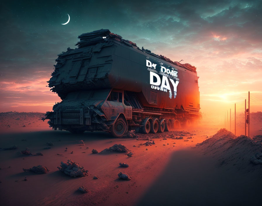 Futuristic large desert vehicle with "DAY DOIE" at dusk