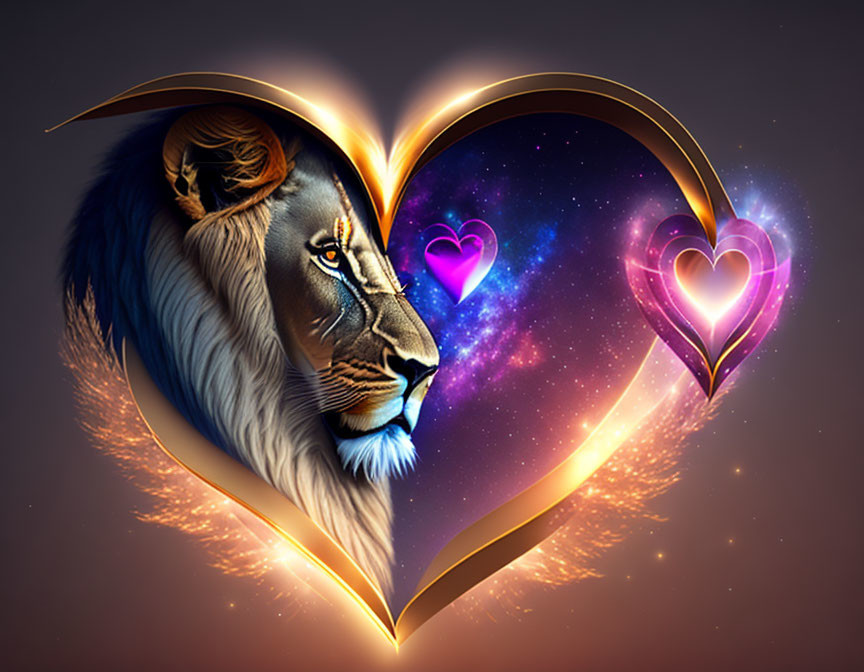 Lion profile in golden heart on cosmic background