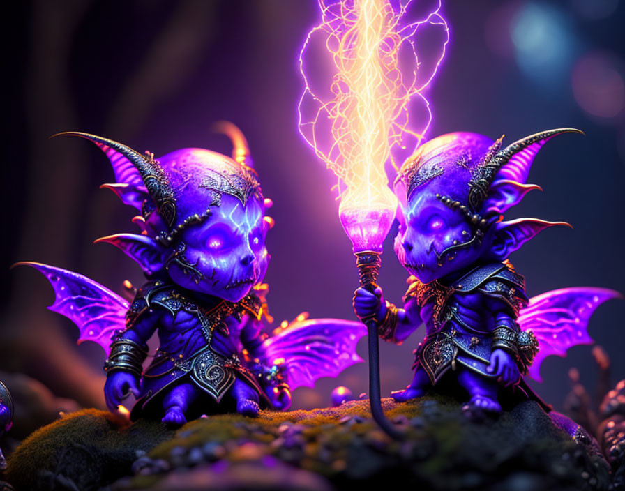 Purple-skinned horned creatures in armor summon lightning in dark fantasy setting