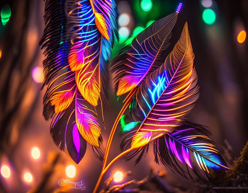 Vibrant neon feathers against soft bokeh light background