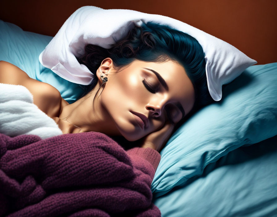 Blue-Haired Woman Sleeping Peacefully Under White Pillow and Maroon Blanket