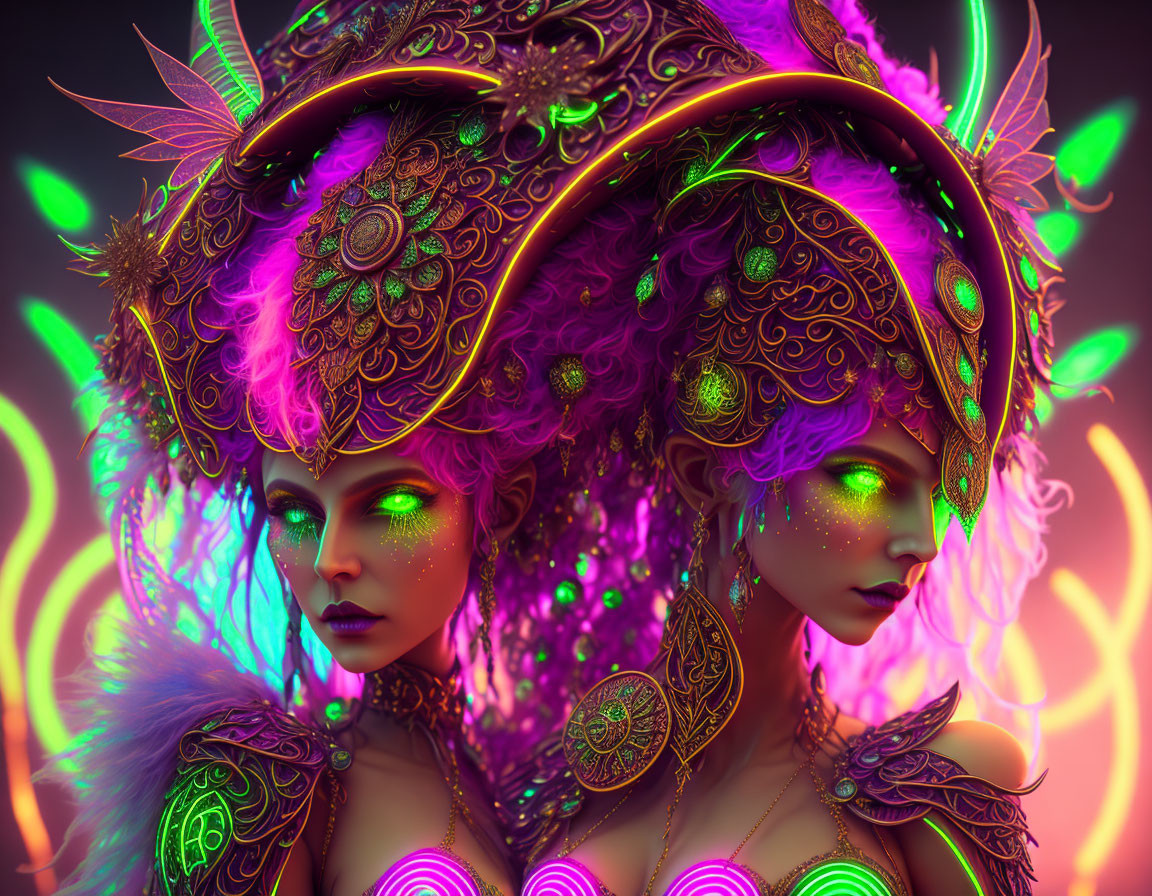 Fantasy Figures with Purple Hair and Ornate Headdresses on Neon Background