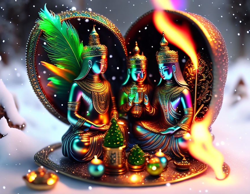 Metallic figurines of traditional scene with peacock feathers on snowy backdrop