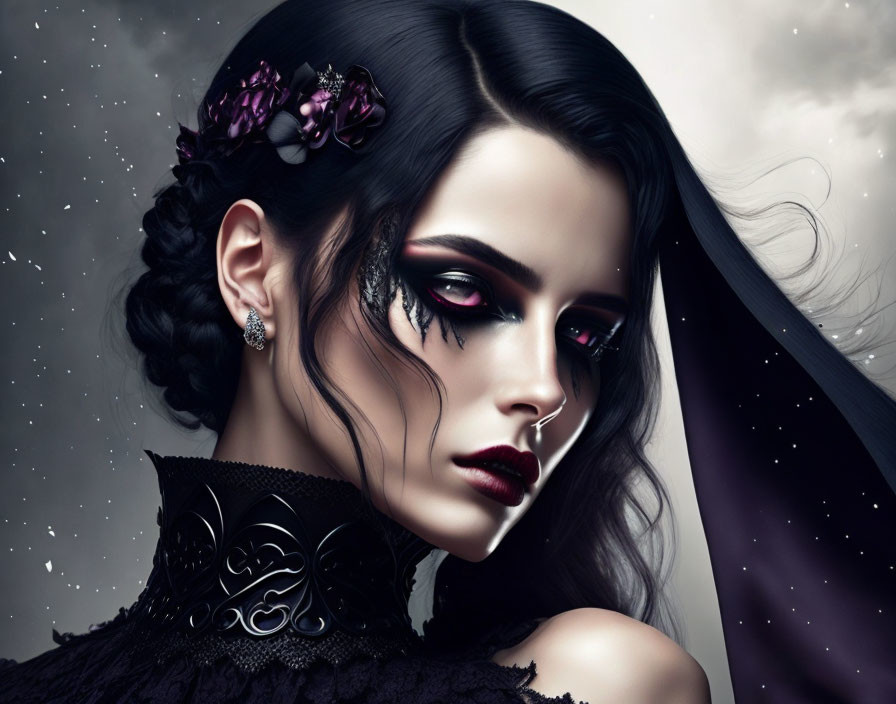 Gothic-style portrait of woman with dark makeup and braided hair in black outfit against starry