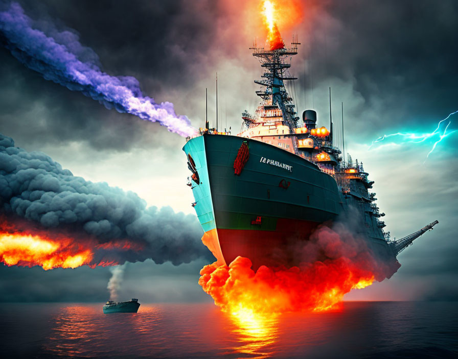 Warship at sea with fiery explosion and storm clouds.