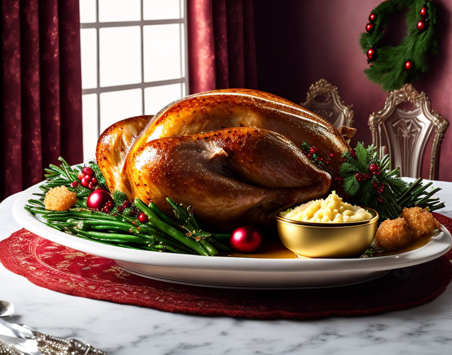 Roasted turkey with garnishes on festive table with wreath