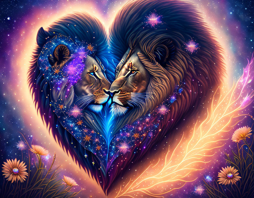 Colorful Digital Art: Lion and Lioness in Heart-Shaped Mane surrounded by Cosmic Elements