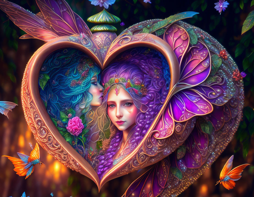 Fantasy Artwork: Two Female Faces in Heart with Floral and Butterfly Motifs