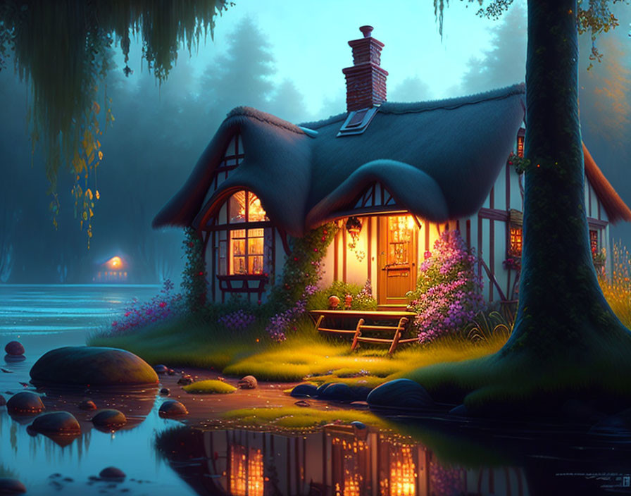 Thatched Cottage in Tranquil Forest Setting at Dusk