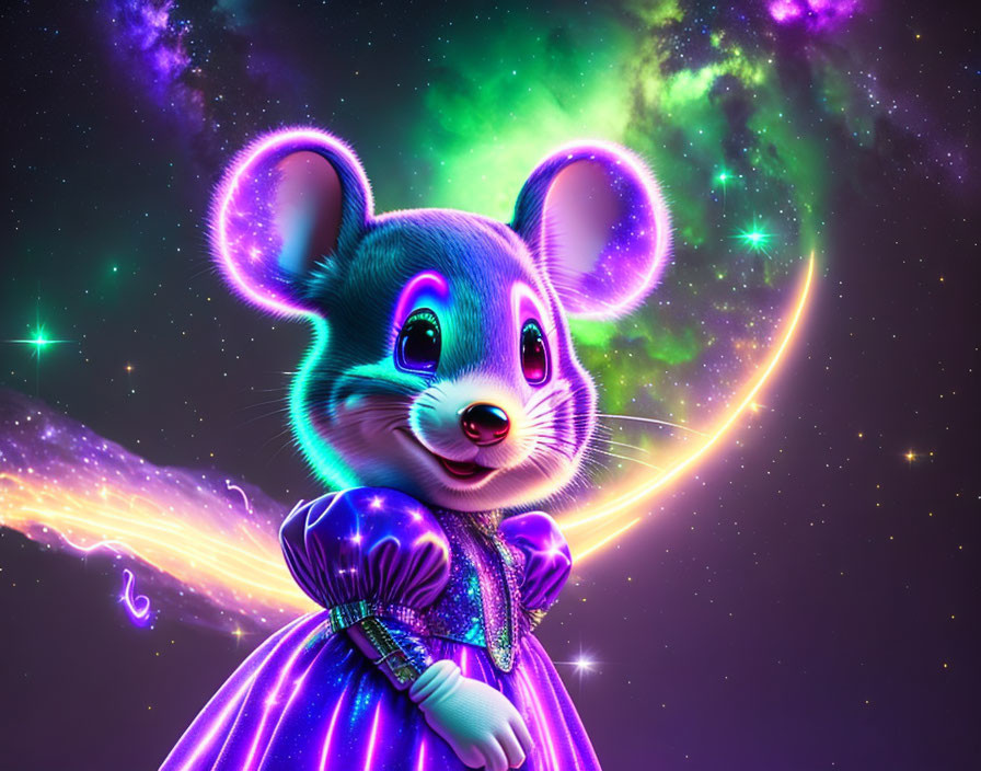 Colorful anthropomorphic female mouse in purple dress on cosmic background