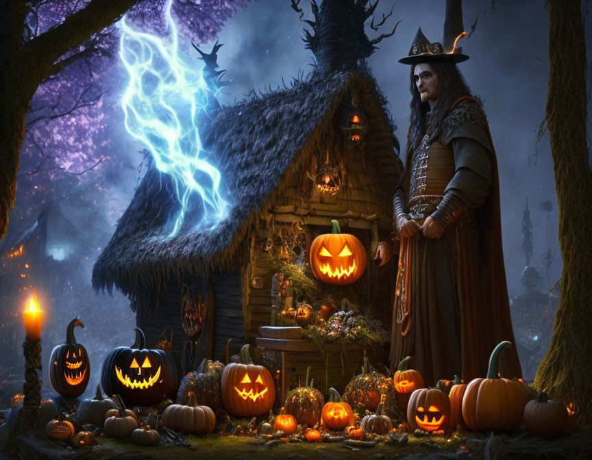 Person in Witch Costume with Pumpkins, Fantasy Cottage, and Lightning