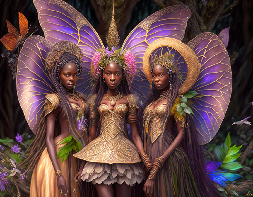 Three fantasy characters with butterfly wings in lush forest