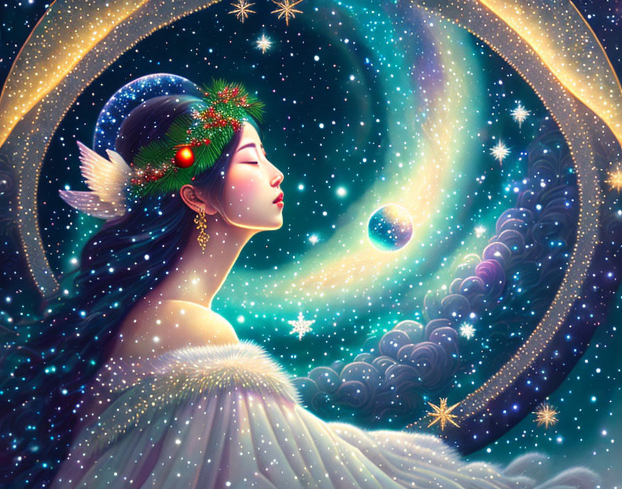 Ethereal woman with winged ears in cosmic galaxy setting