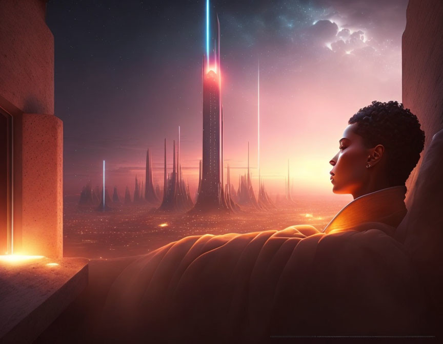 Contemplative person gazes at futuristic cityscape at night