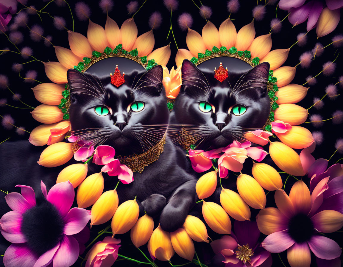 Black cats with green eyes wearing golden crowns and neckpieces among colorful flowers on dark background.