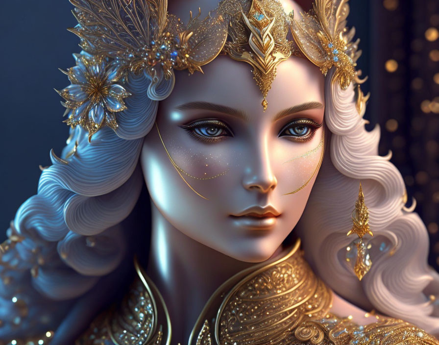 Elaborate gold headdress on woman in digital artwork