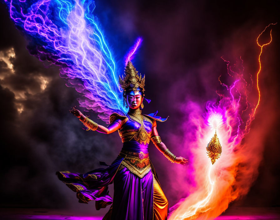 Traditional Thai Attire Performer with Dramatic Pose and Colorful Effects