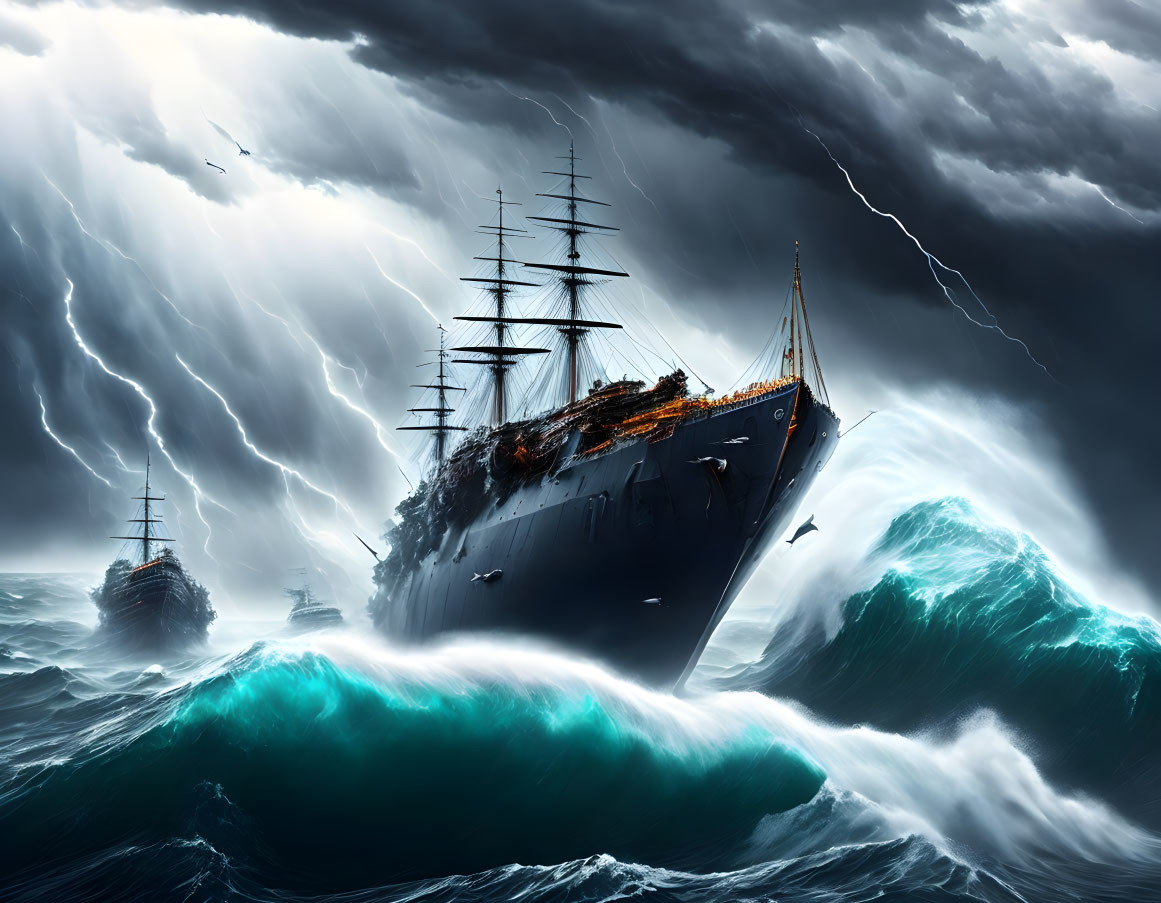 Tall ships navigating stormy seas with towering waves and lightning