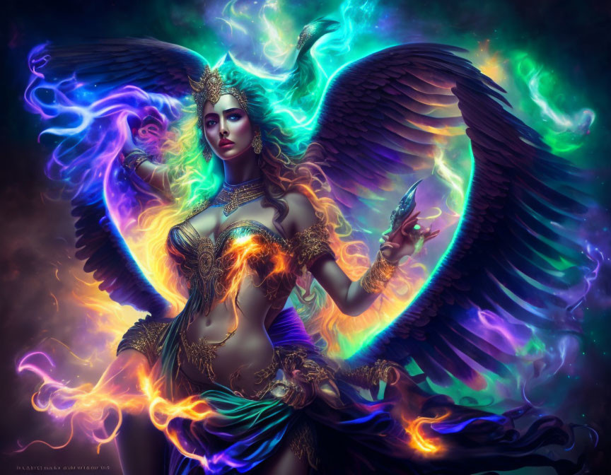 Majestic winged figure with crown and colorful energy on dark background