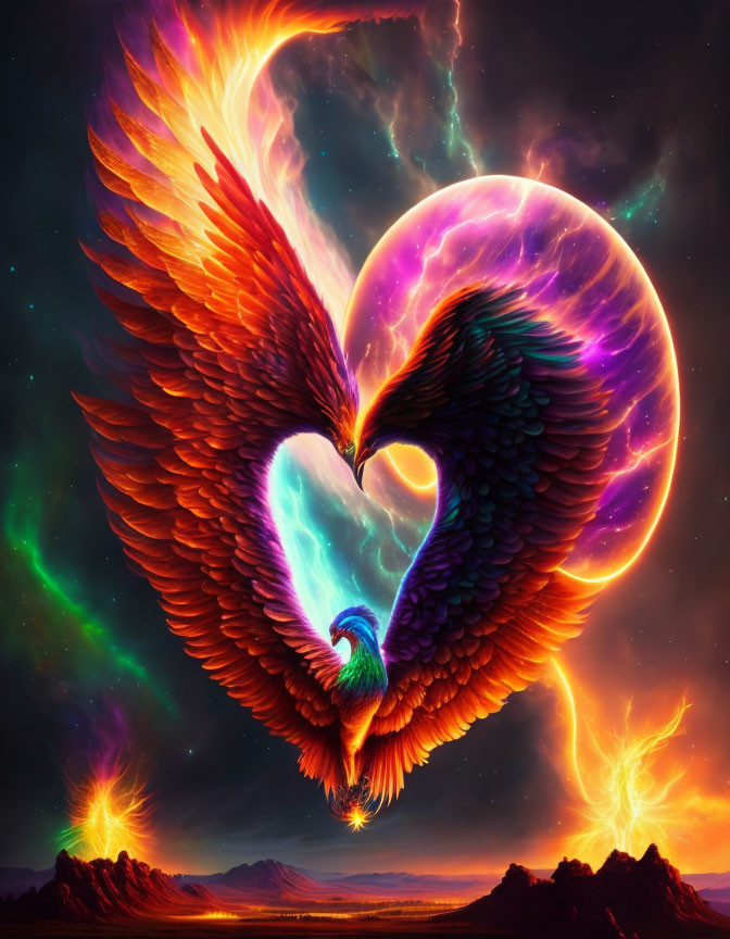 Vibrant digital artwork: Two phoenixes with fiery wings in heart shape, cosmic backdrop.