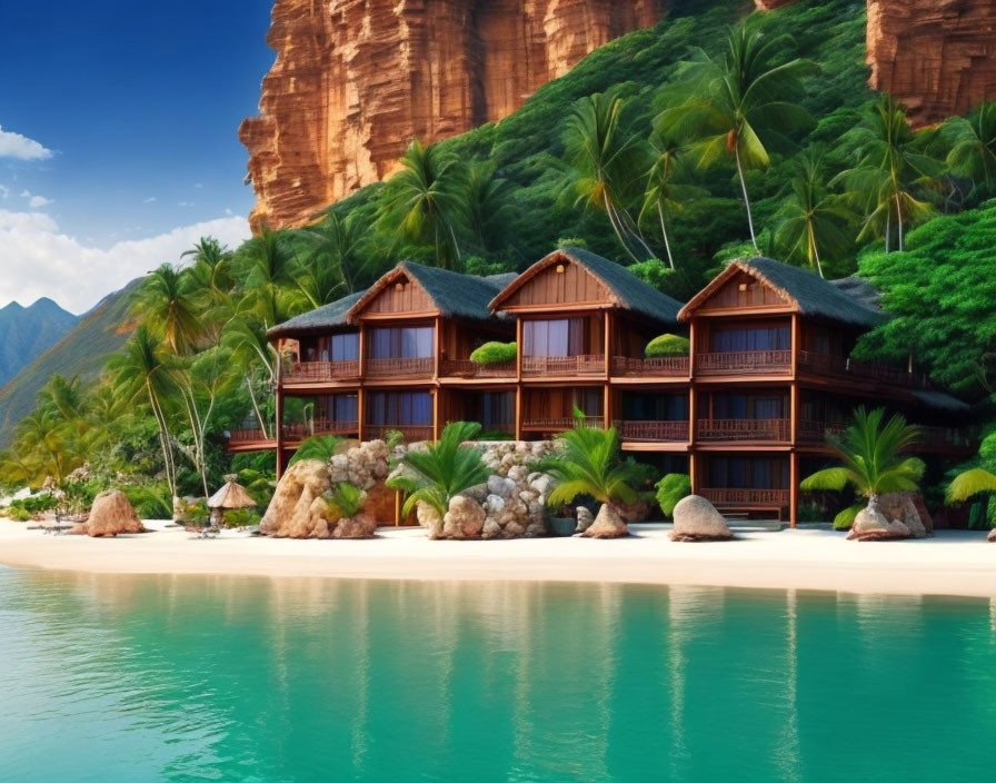 Tropical beach scene with wooden bungalows, palm trees, and azure sea