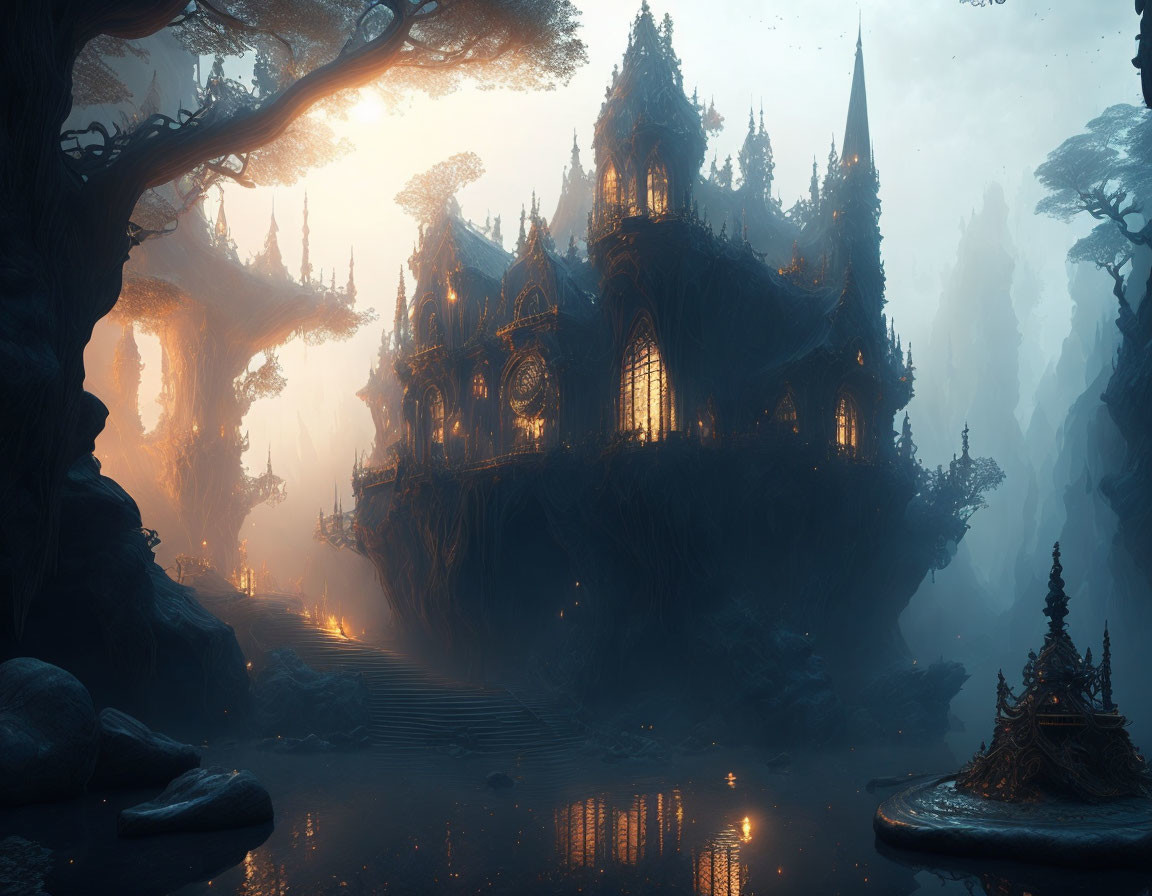 Ethereal forest with gothic castle under twilight sky