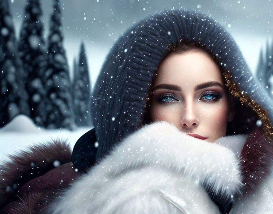 Woman with blue eyes in white fur coat on snowy landscape