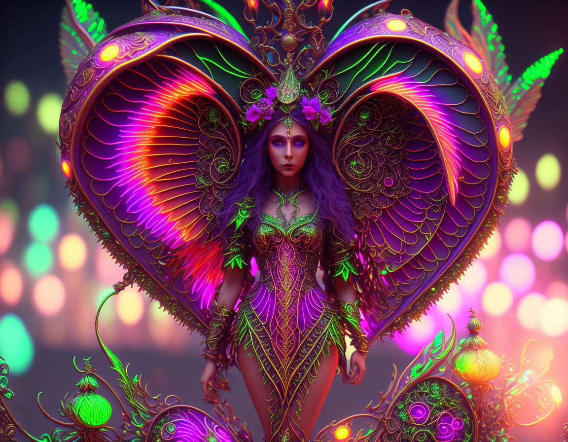 Fantasy female character with violet eyes and elaborate headdress in purple and green armor with illuminated heart-shaped