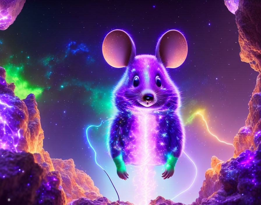 Whimsical mouse illustration in neon space background