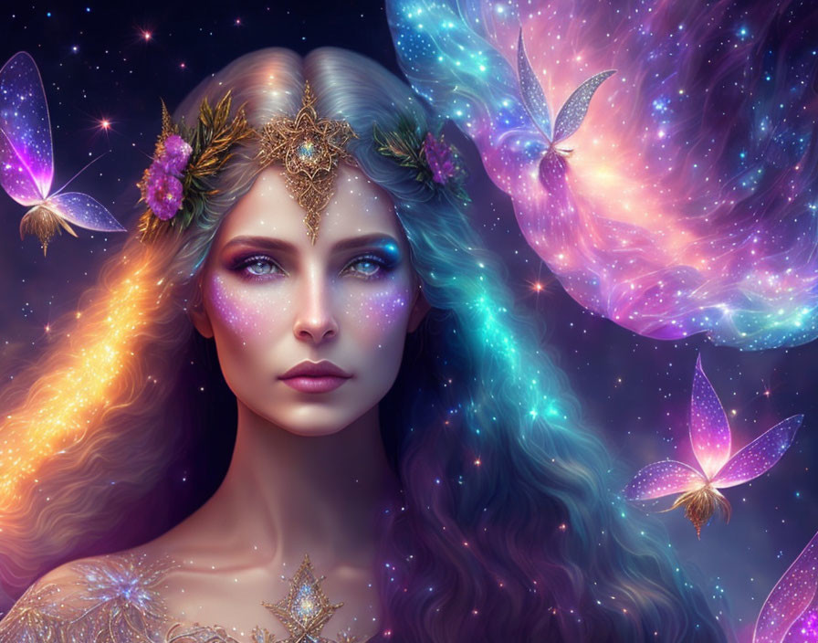 Mystical woman with galaxy makeup and butterflies in cosmic setting