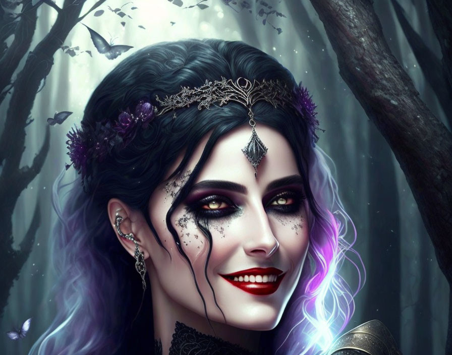 Smiling woman with dark makeup and purple hair in mystical forest illustration