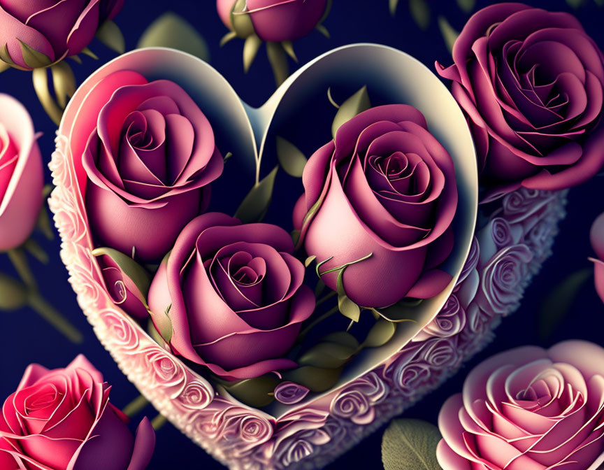 Heart-shaped frame with deep pink roses on dark blue background