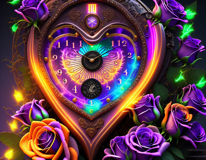 Ornate heart-shaped clock with roman numerals in vibrant purple setting