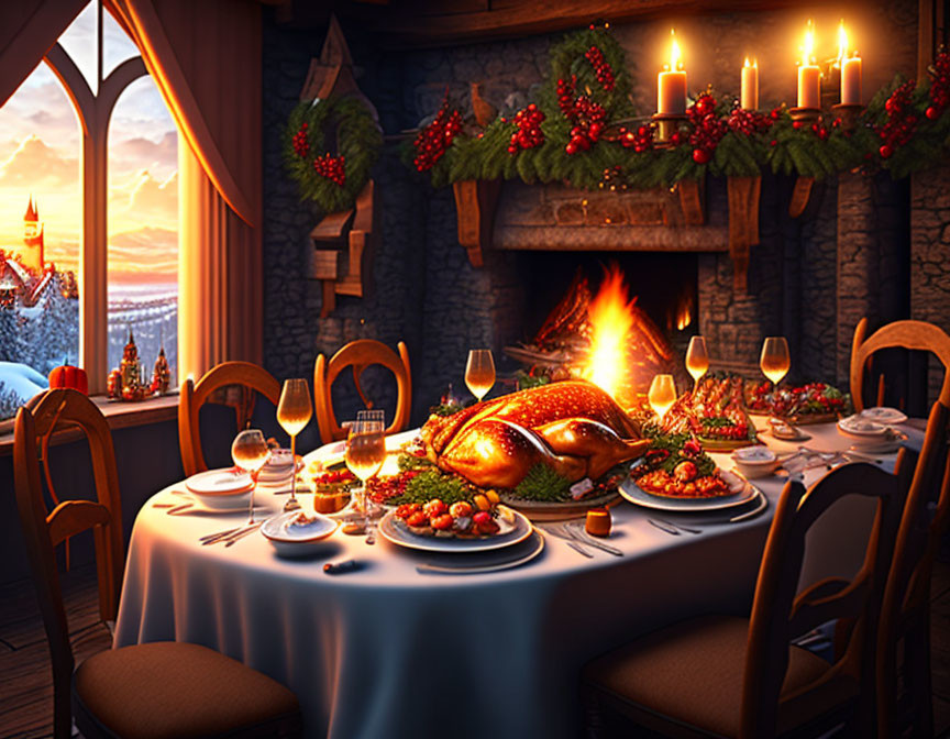 Roasted turkey centerpiece in festive holiday dinner setup