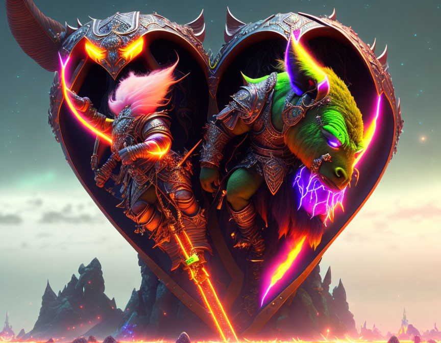 Fantasy knight and orc warrior clash in heart-shaped frame