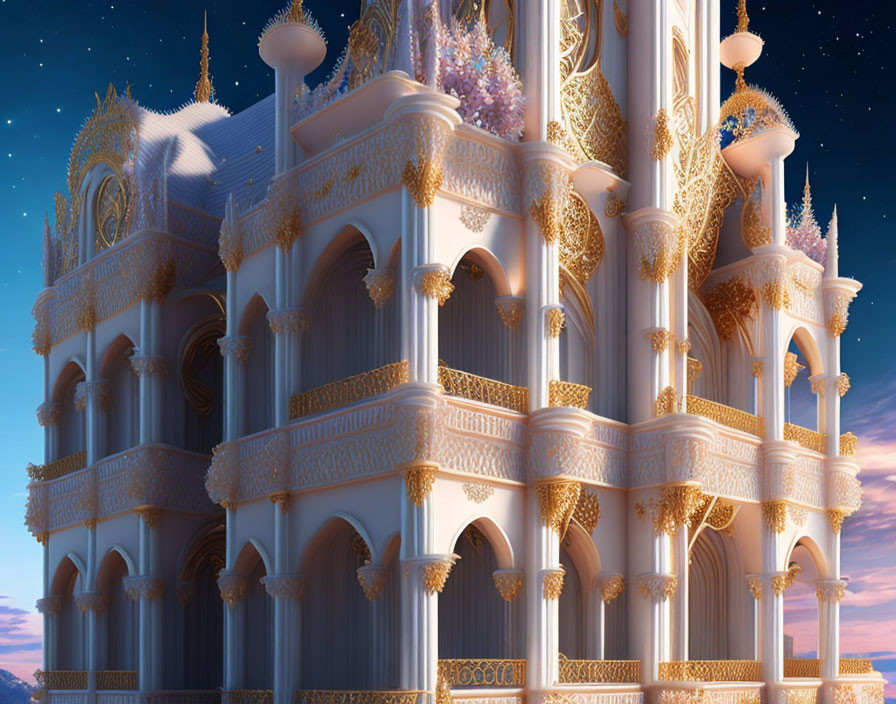 Ornate Golden Palace with Arches and Spires at Twilight