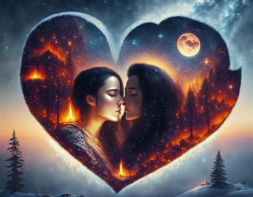 Digital artwork featuring two people in a heart-shaped frame with cosmic elements.