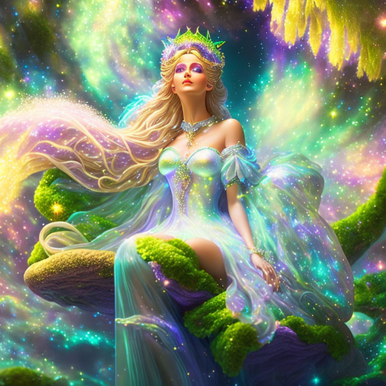 Fantasy queen with golden hair in cosmic setting wearing green and blue gown