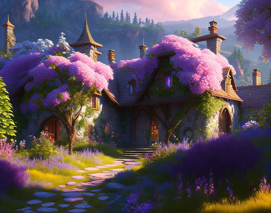 Charming cottage with purple wisteria and cobblestone path