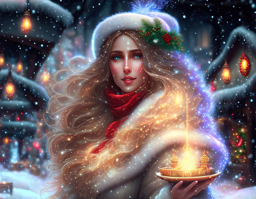 Woman in Winter Attire Holding Candle Lamp in Festive Snow Scene