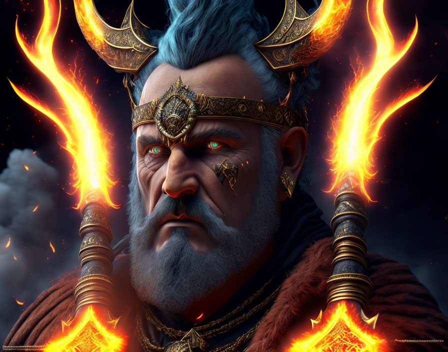 Bearded character with crown and flaming staffs under dark sky