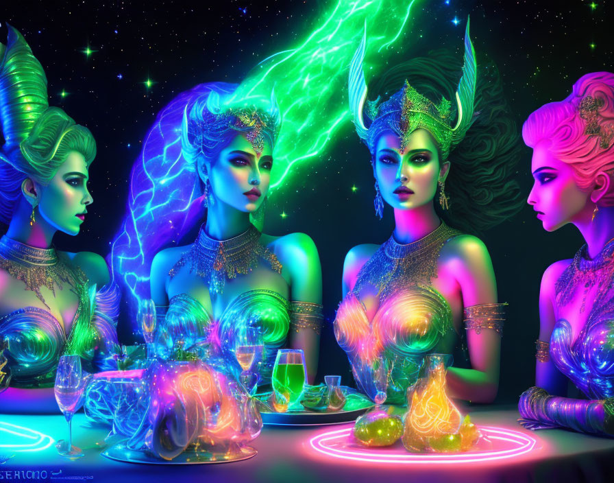 Four futuristic women with neon-lit headdresses at cosmic table.