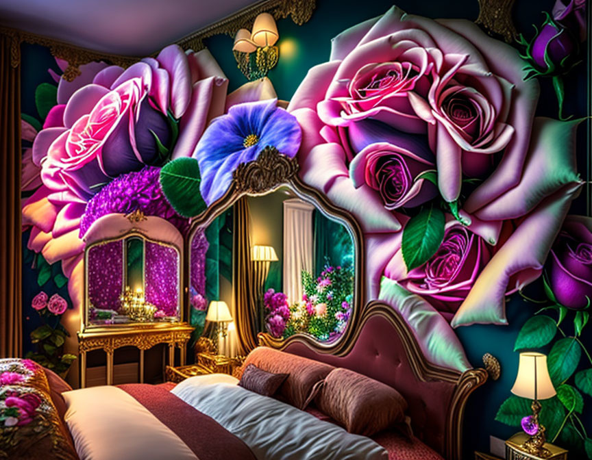 Room with Oversized Floral Wallpaper, Classic Furniture, Large Mirror, and Glowing Lamps