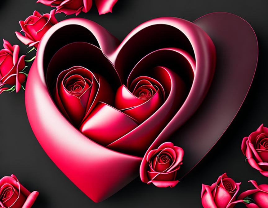 Abstract 3D heart with red roses on dark background