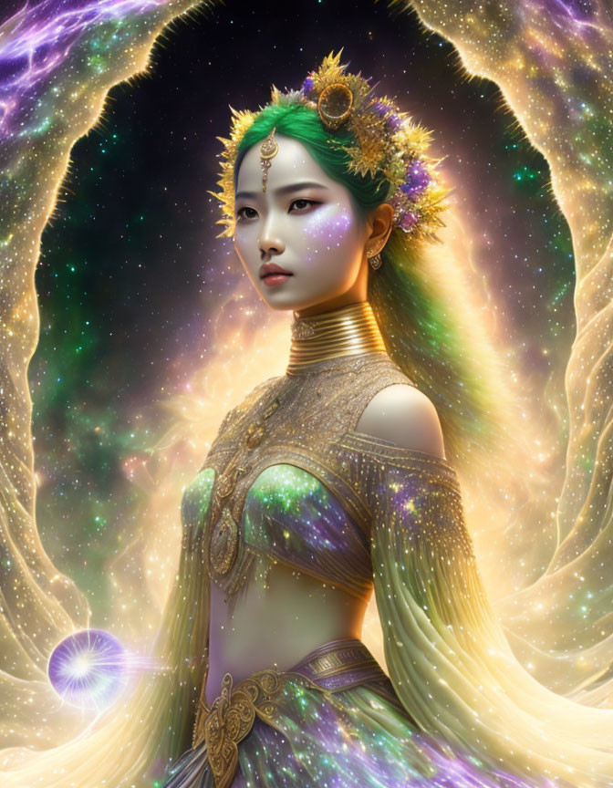 Cosmic-themed mystical figure in starry nebula setting