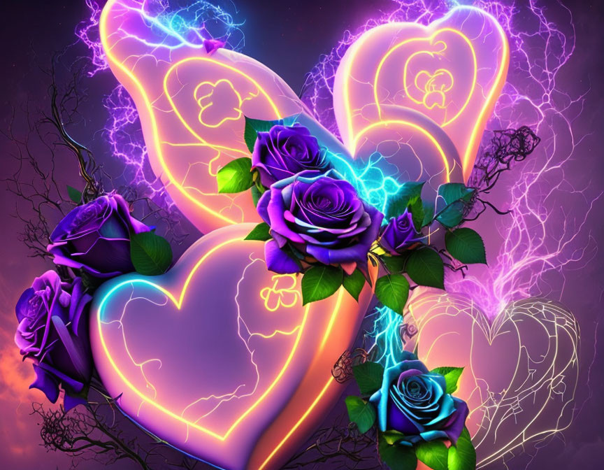 Neon hearts, purple roses, and lightning in digital art